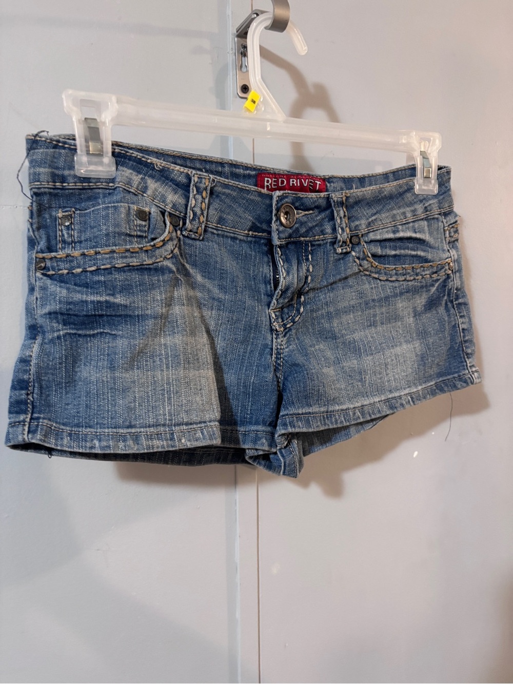 Red Rivet Faded Blue Denim Low-Rise Jean Shorts